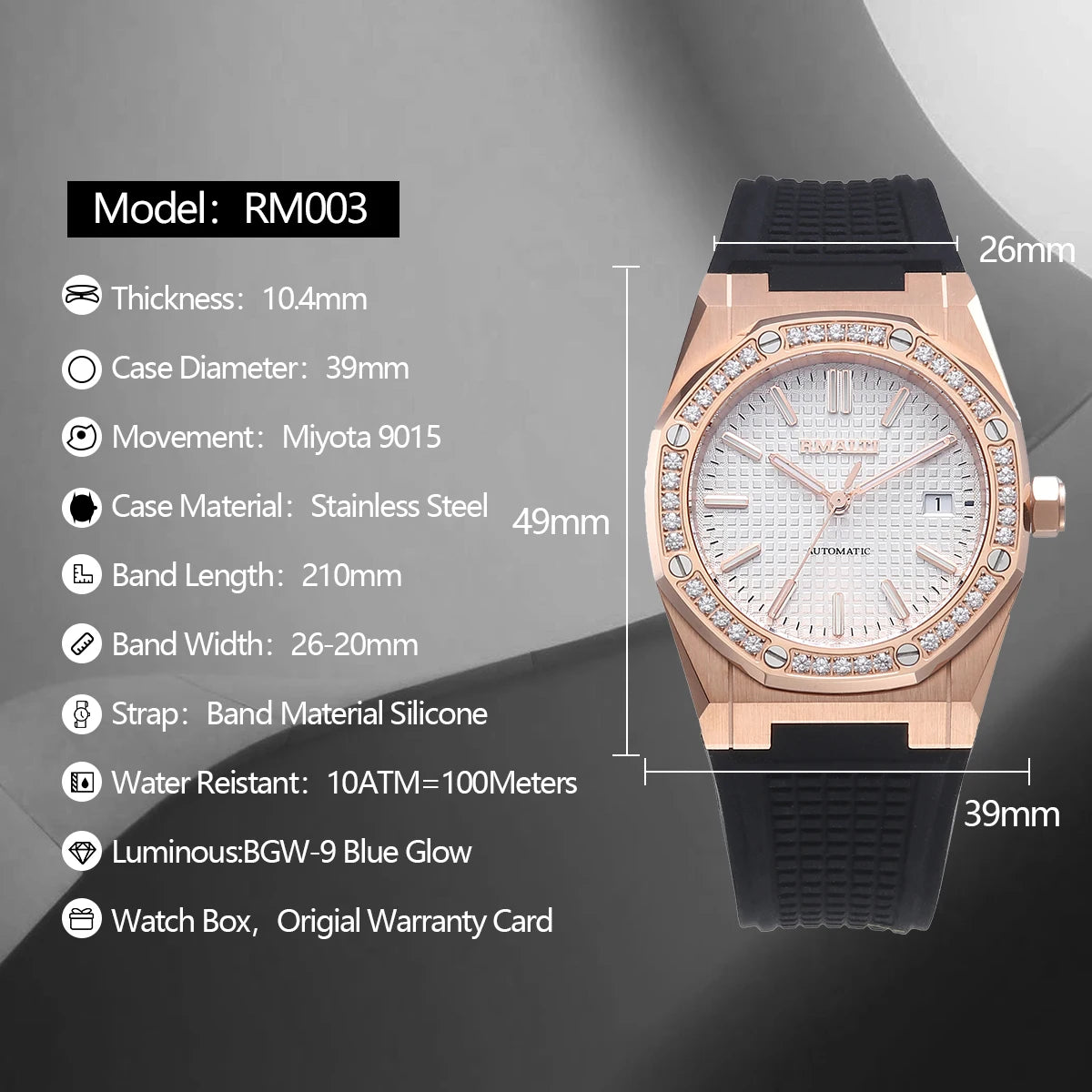 Watch Rubber straps 14MM For 39mm Case 9015