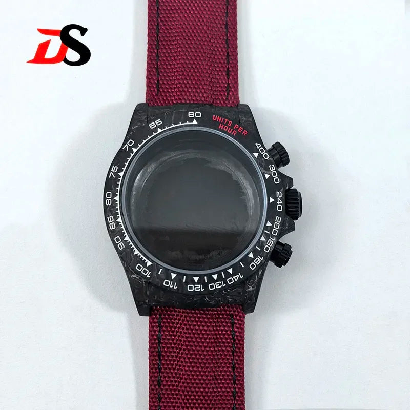 38mm Black Carbon Fiber Case Bracelet Canvas Watch Strap Case 3atm Fit VK63/4130 Movement