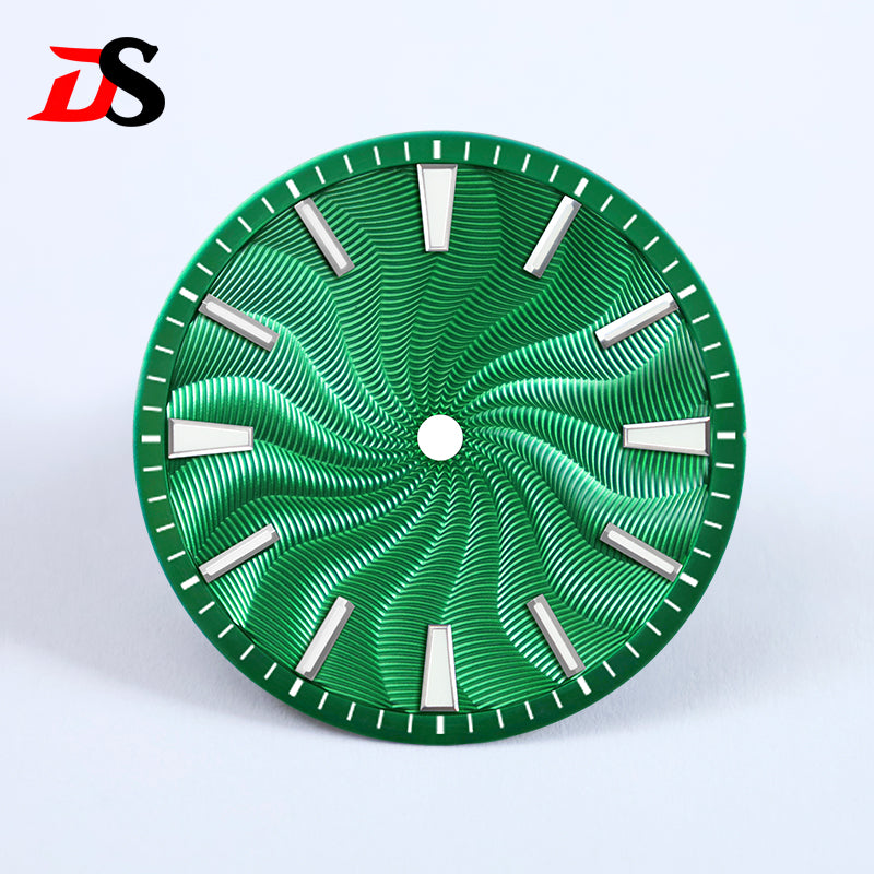 28.5mm Guilloche Dial Silver Index Blue Lume Sterile NH35NH38 Movement 3 O'clock /6O'clock /no Date