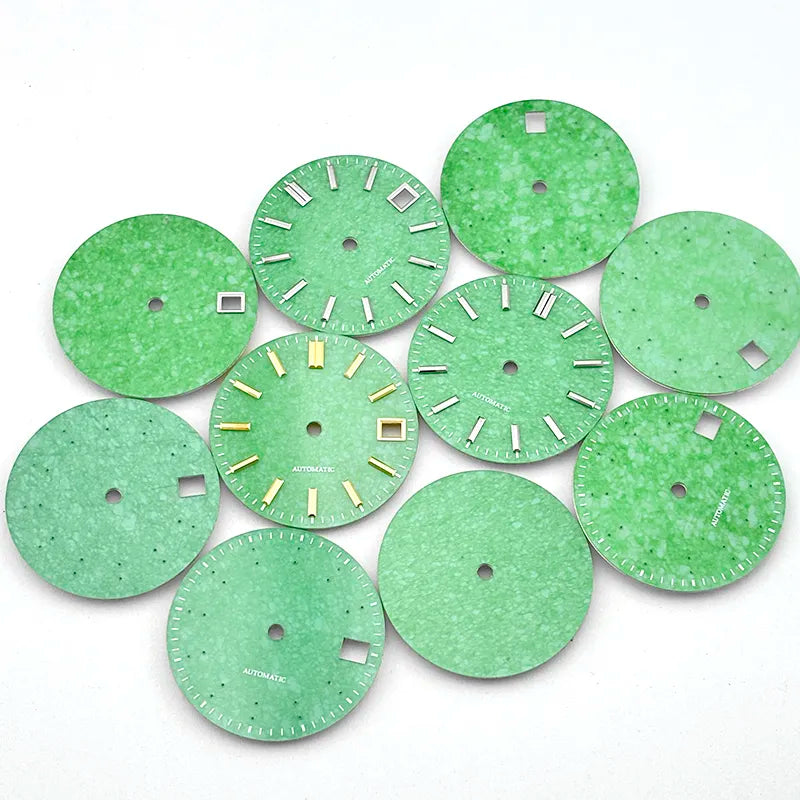Natural 28.5mm Malay Jade Stone Dial No Lume NH35 NH38 Movement Blue Lume