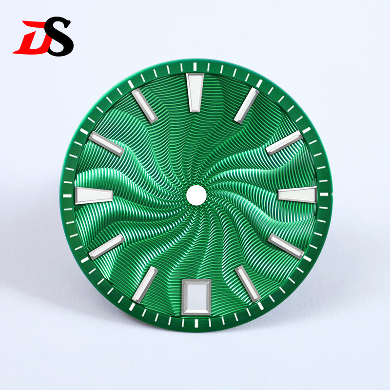 28.5mm Guilloche Dial Silver Index Blue Lume Sterile NH35NH38 Movement 3 O'clock /6O'clock /no Date