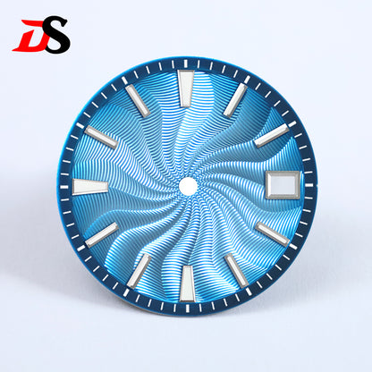 28.5mm Guilloche Dial Silver Index Blue Lume Sterile NH35NH38 Movement 3 O'clock /6O'clock /no Date
