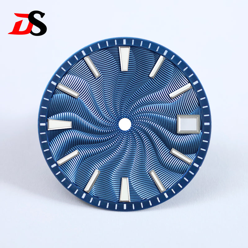 28.5mm Guilloche Dial Silver Index Blue Lume Sterile NH35NH38 Movement 3 O'clock /6O'clock /no Date