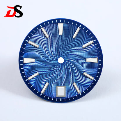 28.5mm Guilloche Dial Silver Index Blue Lume Sterile NH35NH38 Movement 3 O'clock /6O'clock /no Date