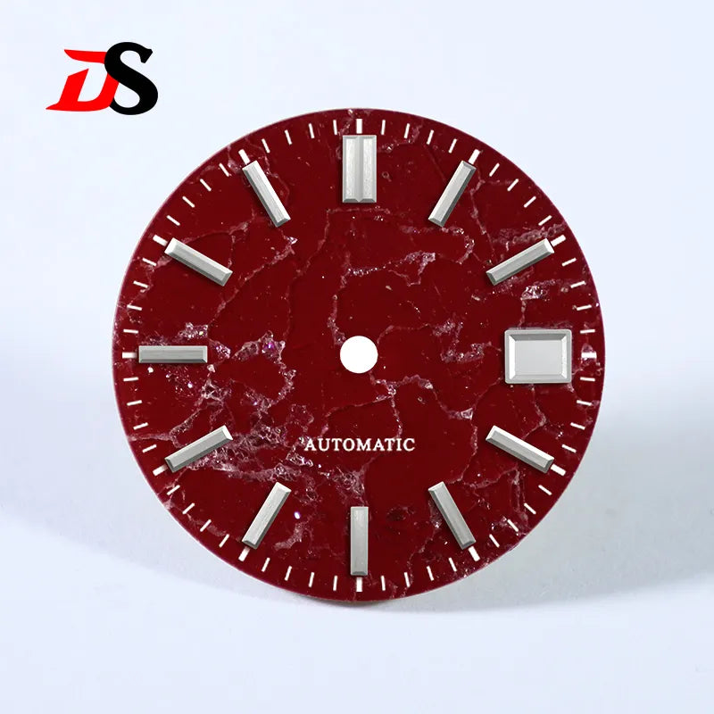 Natural 28.5mm Sea of Red Clouds Red Stone Dial Blue Lume Strawberry Red NH35