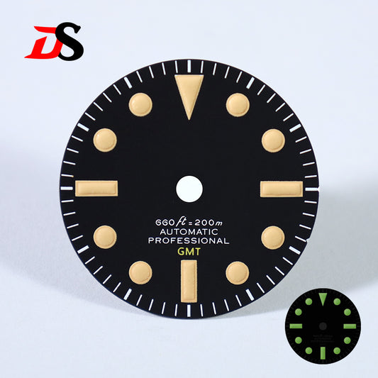 28.5mm GMT Retro Dial NH34A Movement Modified Velvet Black and Green Lume NH34 Modified Dial
