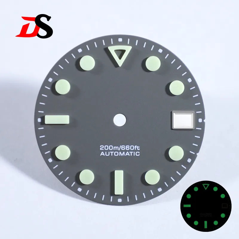 NH35 Dial 28.5mm Matte Dial Hollow Index Green Lume for NH35 Movement 3 O'clock Date/no Date
