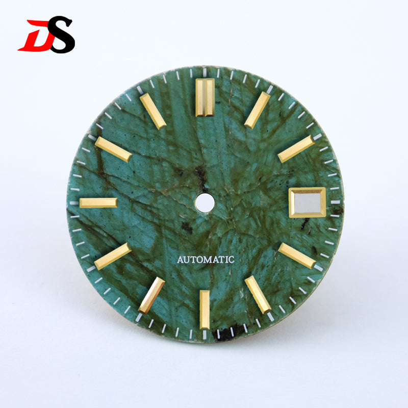 28.5mm Green Labradorite High Quality Dial No Lume NH38 Movement Stone Dial Date Blue Lume
