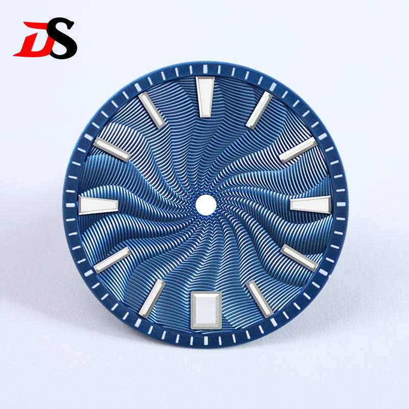 28.5mm Guilloche Dial Silver Index Blue Lume Sterile NH35NH38 Movement 3 O'clock /6O'clock /no Date