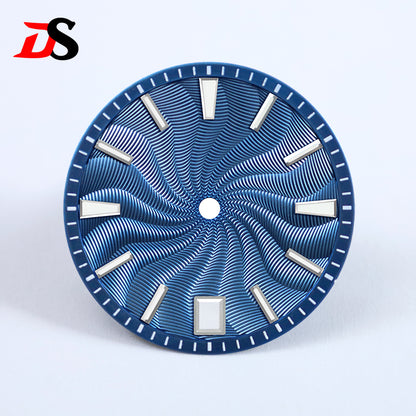 28.5mm Guilloche Dial Silver Index Blue Lume Sterile NH35NH38 Movement 3 O'clock /6O'clock /no Date