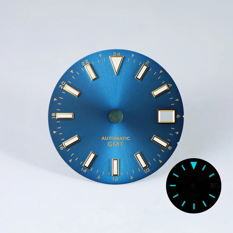 28.5mm Sunburst Date Dial NH34 GMT Blue Lume Gold Index