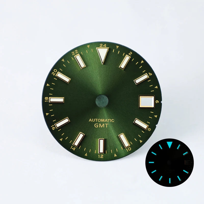 28.5mm Sunburst Date Dial NH34 GMT Blue Lume Gold Index