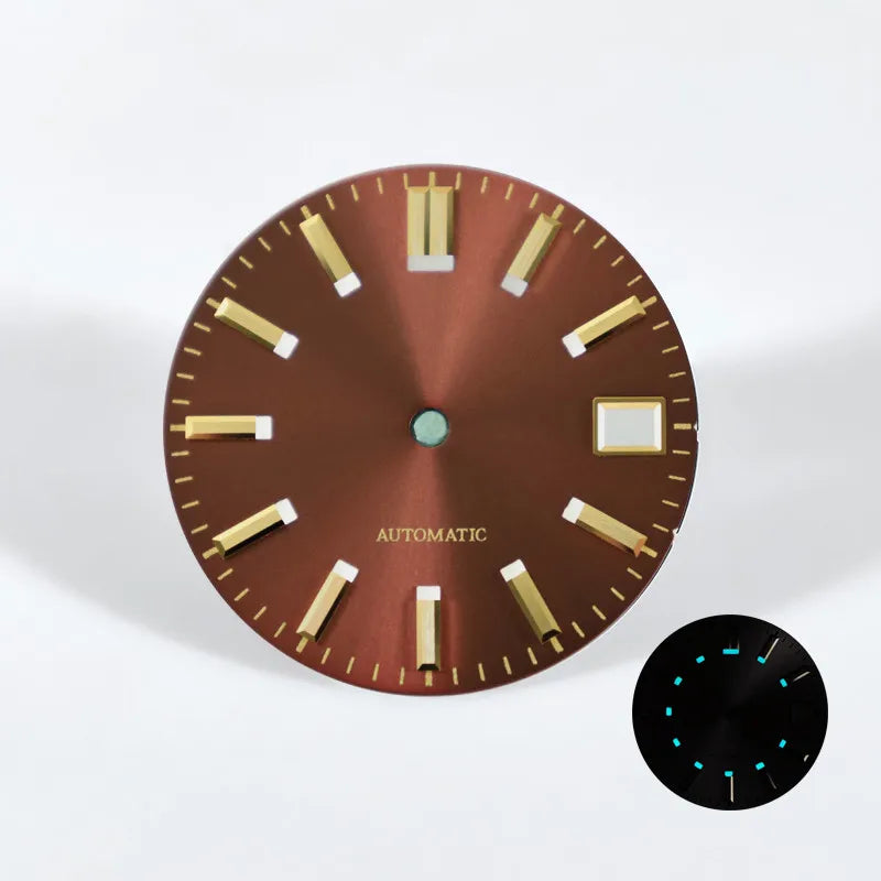 28.5mm Dial Sunburst Gold Index Blue Lume NH35NH36 Movement