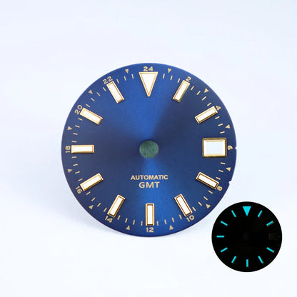 28.5mm Sunburst Date Dial NH34 GMT Blue Lume Gold Index