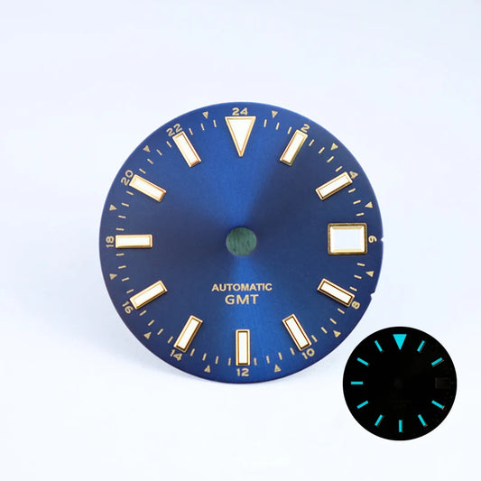 28.5mm Sunburst Date Dial NH34 GMT Blue Lume Gold Index