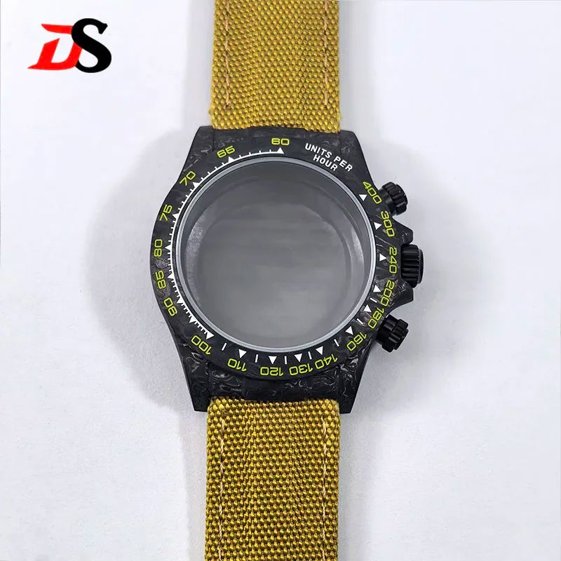 Black 38mm Carbon Fiber Case Bracelet Canvas Watch Strap Case 3atm Fit VK63/4130 Movement
