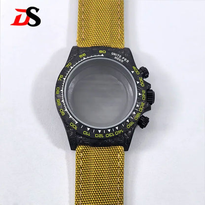Black 38mm Carbon Fiber Case Bracelet Canvas Watch Strap Case 3atm Fit VK63/4130 Movement
