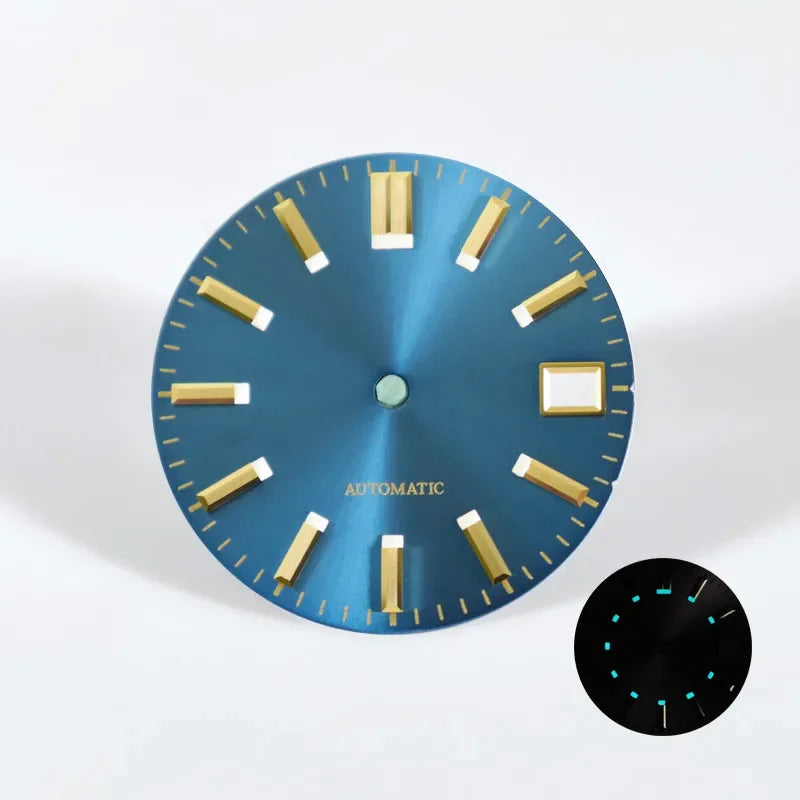28.5mm Dial Sunburst Gold Index Blue Lume NH35NH36 Movement