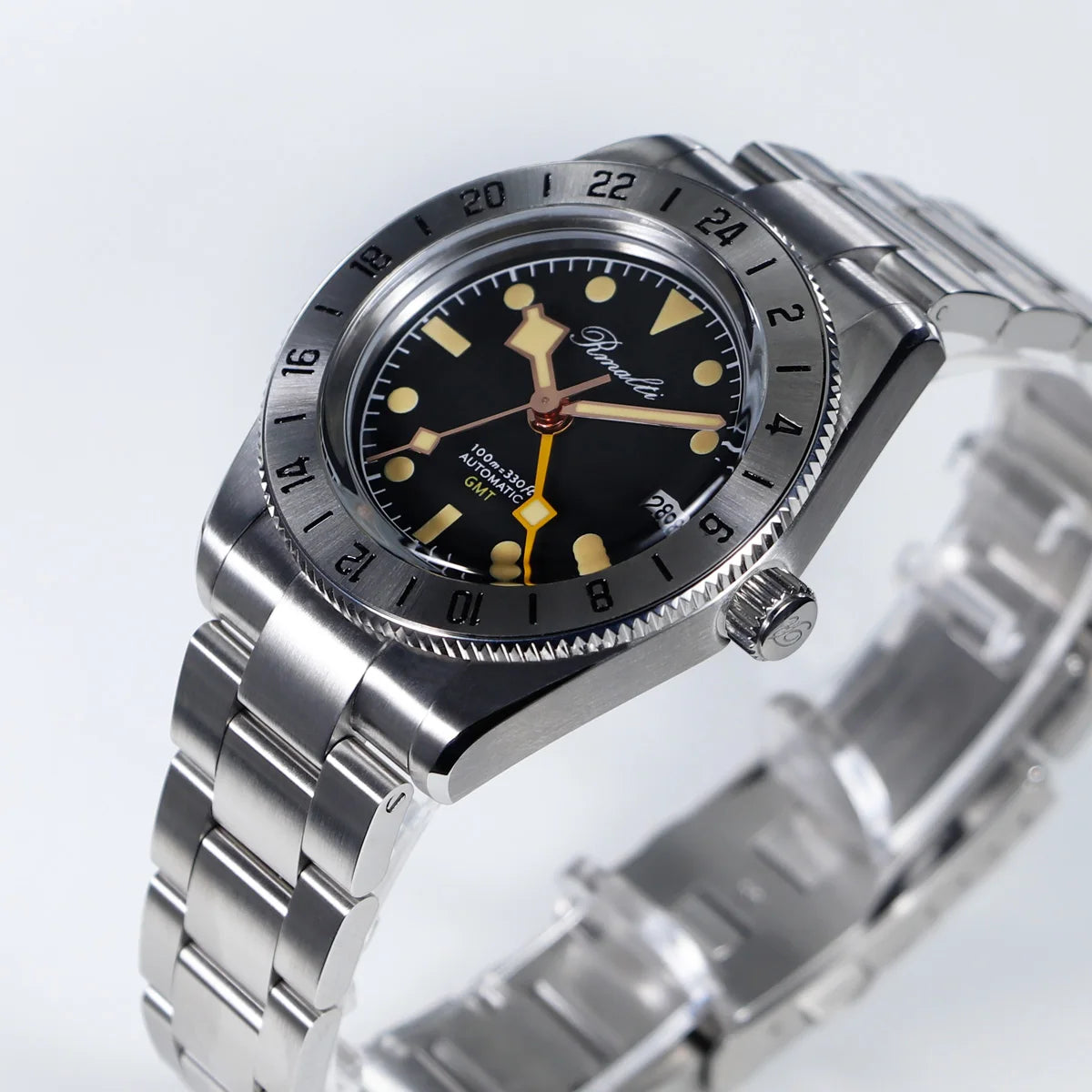 RMALTI New Men Watch 38.5mm GMT NH34 Stainless Steel Bezel Vintage Index Sapphire Glass Bezel Luxury Automatic Mechanical 10ATM