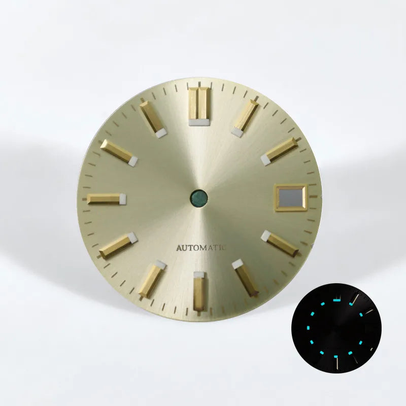 28.5mm Dial Sunburst Gold Index Blue Lume NH35NH36 Movement