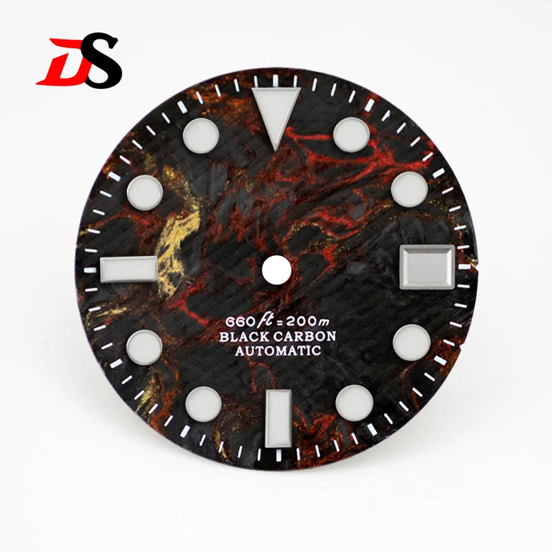 28.5mm Dial Rich Color Lava Dial YM Index Carbon Fiber Dial BGW9 C3 Lume for NH35 Movement 3o'clock Date