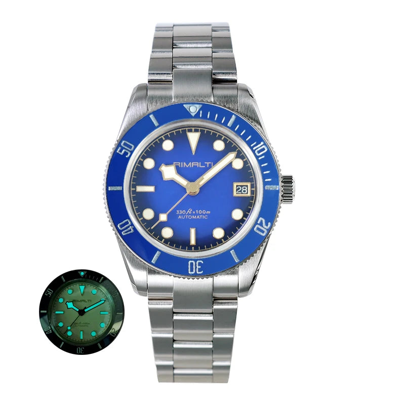 RIMALTI 38mm 62GS Men's Watch 316L Stainless Steel Strap100 Meters Waterproof Retro C3 Lume NH35 Automatic Mechanical Movement