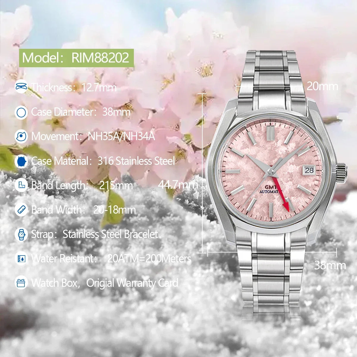 62GS 38mm Yunhai Sakura Man Ladies Watch Stainless Steel Glass AR Coating High Quality Automatic NH34GMT Movement