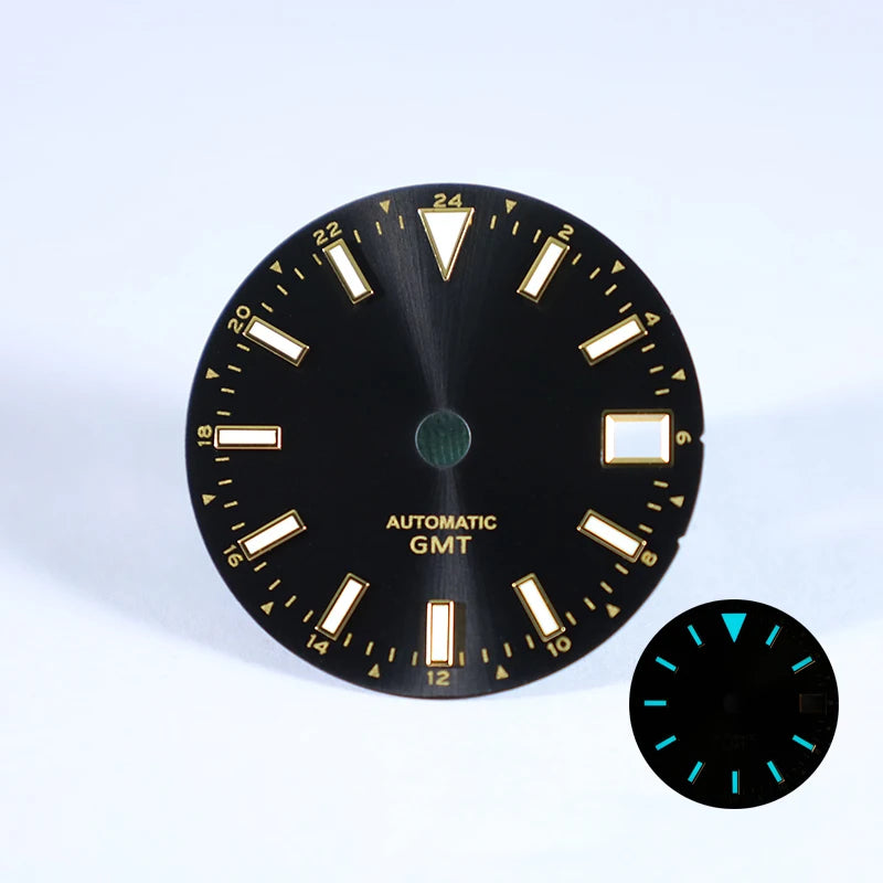 28.5mm Sunburst Date Dial NH34 GMT Blue Lume Gold Index