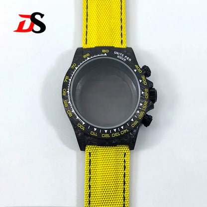 Black 38mm Carbon Fiber Case Bracelet Canvas Watch Strap Case 3atm Fit VK63/4130 Movement