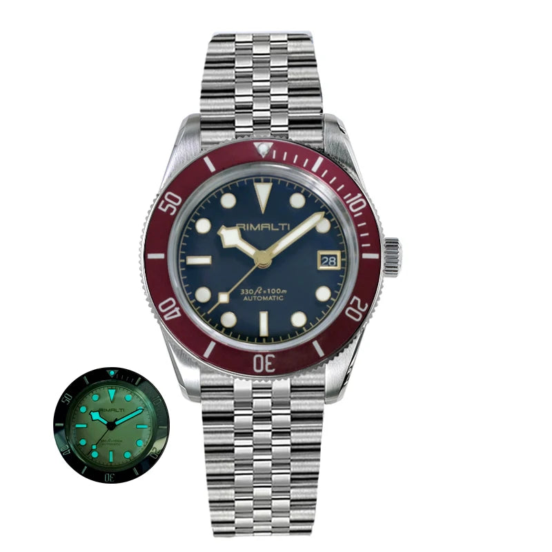 RIMALTI 38mm 62GS Men's Watch 316L Stainless Steel Strap100 Meters Waterproof Retro C3 Lume NH35 Automatic Mechanical Movement