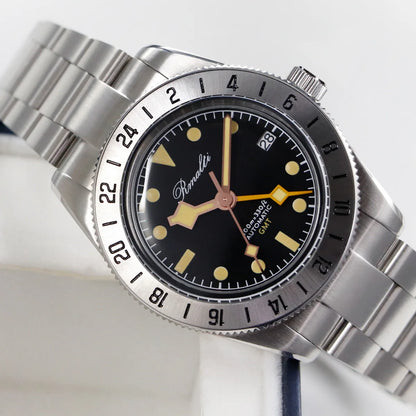 RMALTI New Men Watch 38.5mm GMT NH34 Stainless Steel Bezel Vintage Index Sapphire Glass Bezel Luxury Automatic Mechanical 10ATM