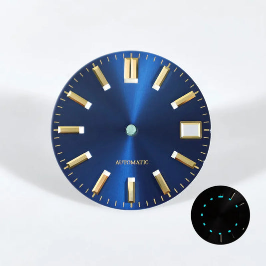 28.5mm Dial Sunburst Gold Index Blue Lume NH35NH36 Movement