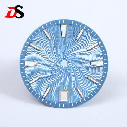 28.5mm Guilloche Dial Silver Index Blue Lume Sterile NH35NH38 Movement 3 O'clock /6O'clock /no Date