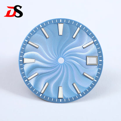 28.5mm Guilloche Dial Silver Index Blue Lume Sterile NH35NH38 Movement 3 O'clock /6O'clock /no Date