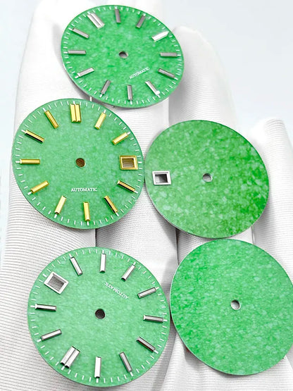 Natural 28.5mm Malay Jade Stone Dial No Lume NH35 NH38 Movement Blue Lume