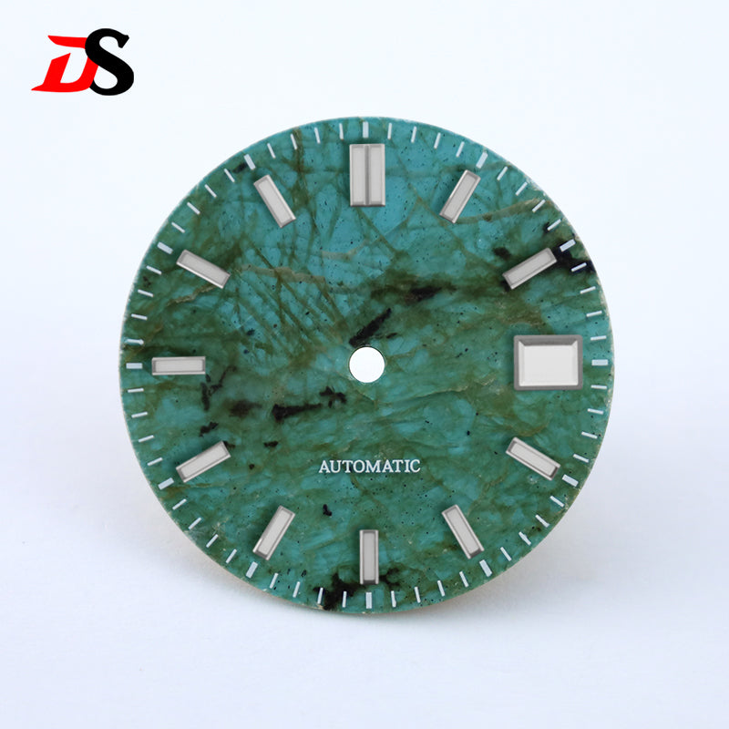 28.5mm Green Labradorite High Quality Dial No Lume NH38 Movement Stone Dial Date Blue Lume