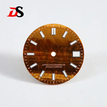 Natural Yellow Tiger's Eye Stone Dial Date Index NH35 Movement Blue Lume