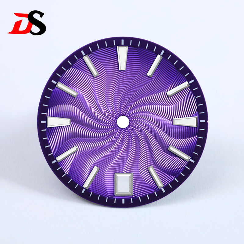 28.5mm Guilloche Dial Silver Index Blue Lume Sterile NH35NH38 Movement 3 O'clock /6O'clock /no Date