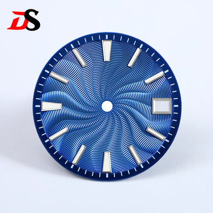 28.5mm Guilloche Dial Silver Index Blue Lume Sterile NH35NH38 Movement 3 O'clock /6O'clock /no Date