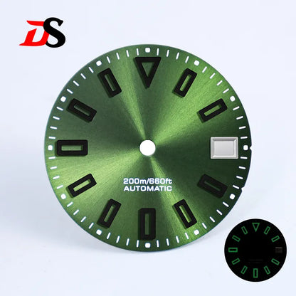 Matte 28.5mm Dial Hollow Index Dark Green Lume SKX007 for NH36 Movement 3 O'clock date/No Date Window