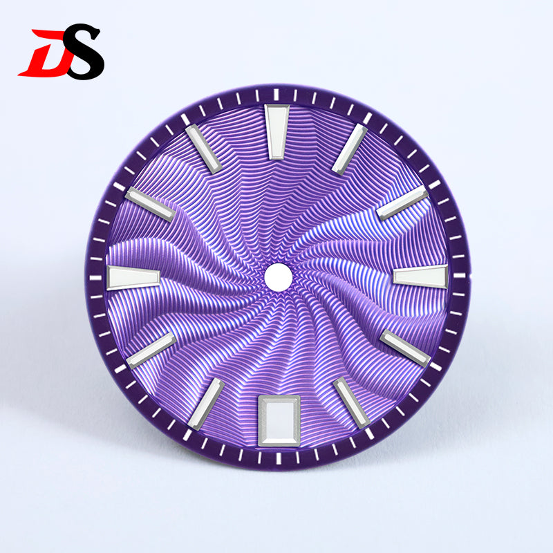 28.5mm Guilloche Dial Silver Index Blue Lume Sterile NH35NH38 Movement 3 O'clock /6O'clock /no Date