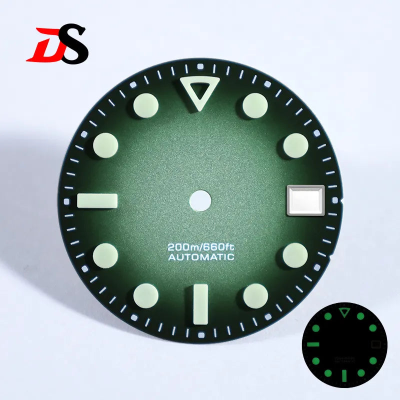 NH35 Dial 28.5mm Matte Dial Hollow Index Green Lume for NH35 Movement 3 O'clock Date/no Date