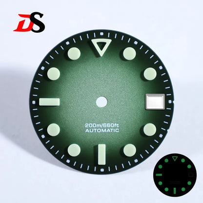 NH35 Dial 28.5mm Matte Dial Hollow Index Green Lume for NH35 Movement 3 O'clock Date/no Date