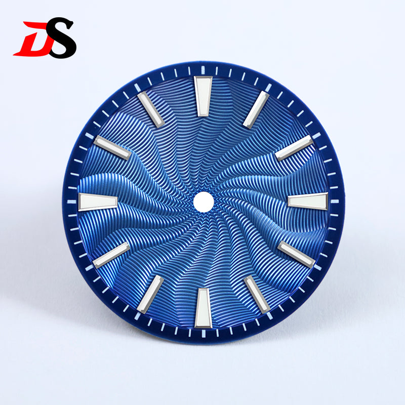 28.5mm Guilloche Dial Silver Index Blue Lume Sterile NH35NH38 Movement 3 O'clock /6O'clock /no Date